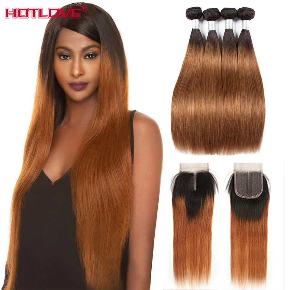 Ombre Straight Human Hair Bundles With Closure T1B/30 Brazilian Hair Weave Bundles With Closure Pre Plucked Remy Hair Extension
