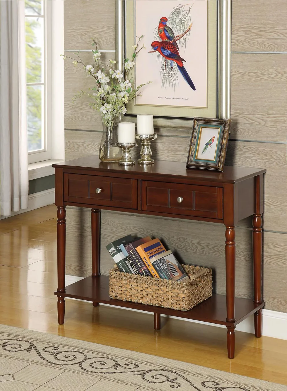 

French Country 2 Drawer Hall Table with Shelf, Espresso Sofa Side Table