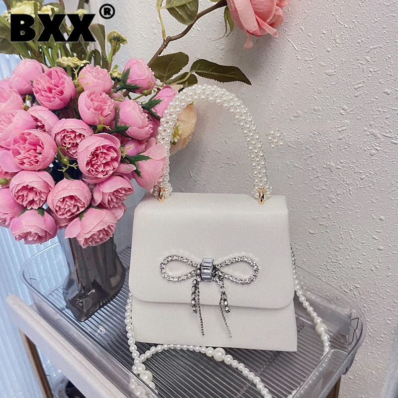 

[BXX] Celebrity Bow Knot Shiny Handbags For Women 2023 New Fashion Pearl Tassel Rhinestone Mobile Chains Crossbody Bag 8AB269