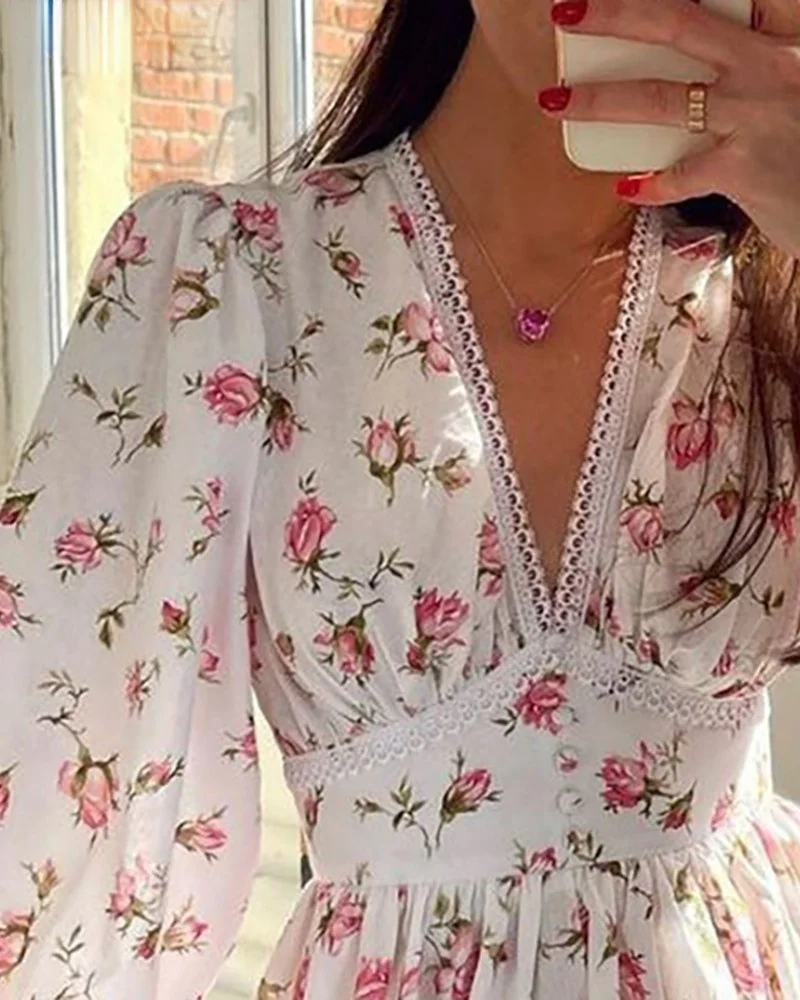 

2022 Spring Summer New Elegant Vintage Floral Print Lantern Sleeve Desses Women V Neck Party Lace A-Line Dress