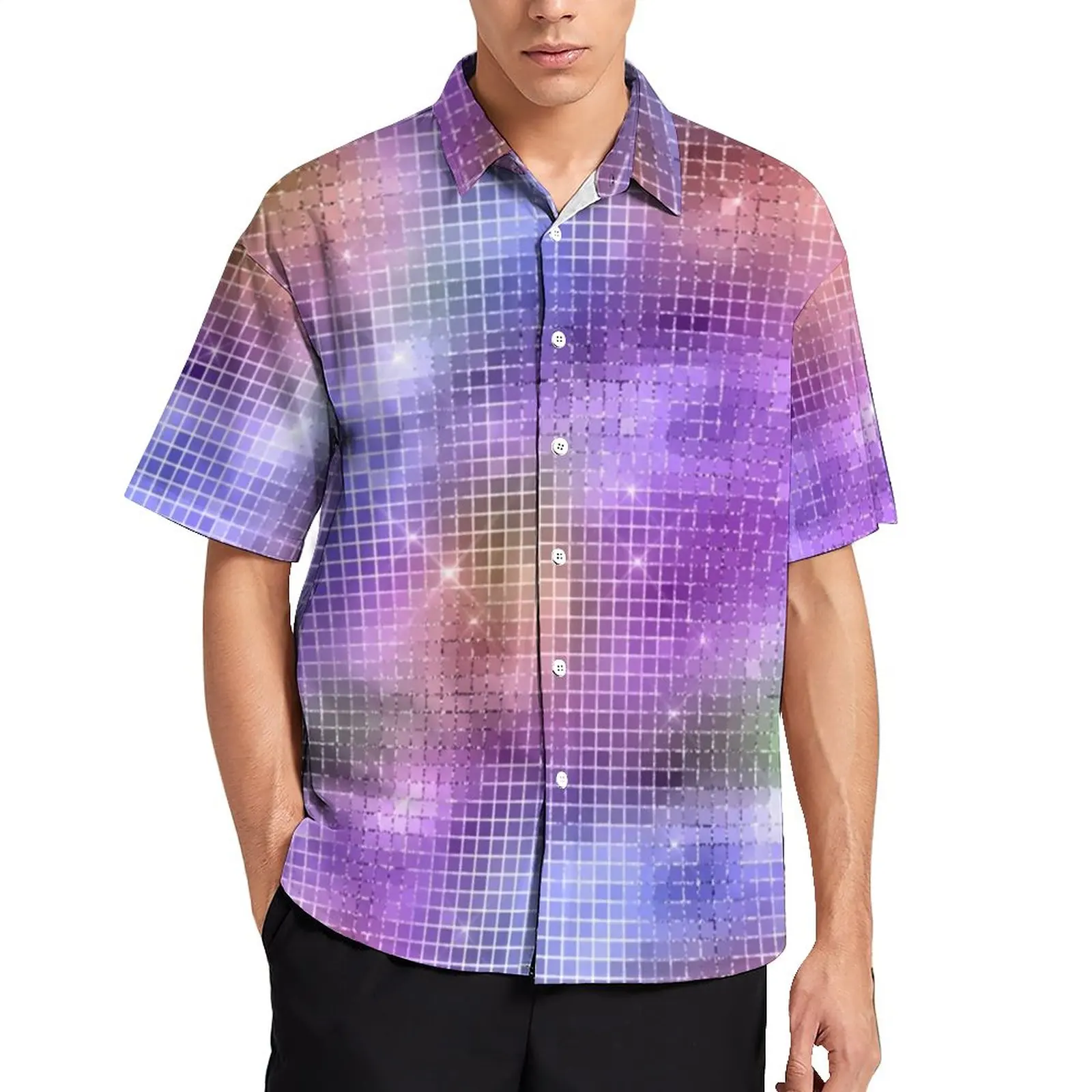 

Rainbow Disco Ball Loose Shirt Vacation Mirror Squares Print Casual Shirts Hawaii Graphic Short Sleeve Fashion Oversized Blouses