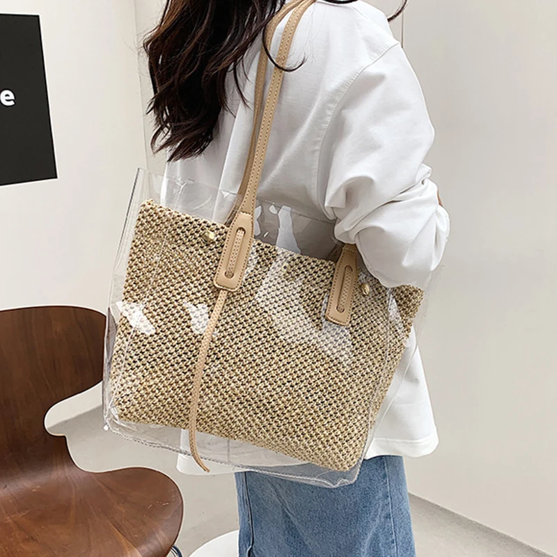 

Large Capacity Rattan Shoulder Bags for Women Transparent Straw Bag Woven Handmade Tote Seaside Beach Shopping Bag Bolsas Mujer