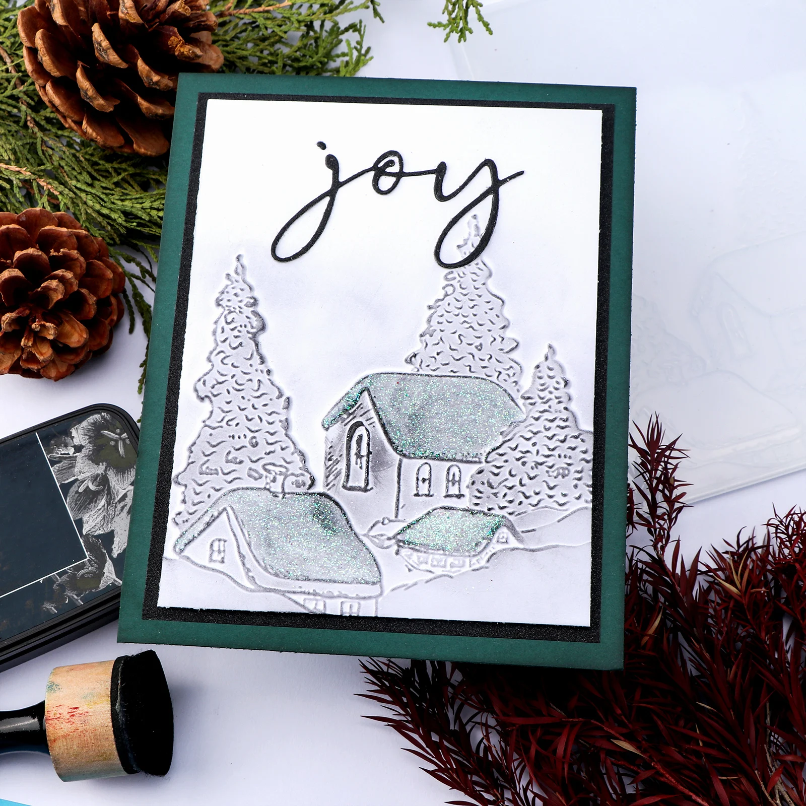 Папка для 3D-тиснения Рождественская елка Hillside House и подходящие штампы добавления