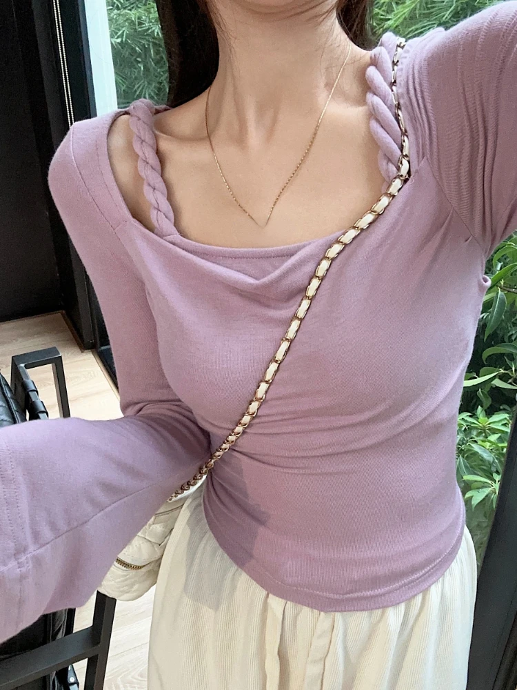 

Корейский стиль, имитация двух частей, топы, Женские французские винтажные повседневные футболки с длинным рукавом, женская элегантная тонкая однотонная одежда 2023