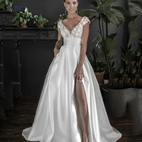 layout niceb boho wedding dress sexy v neck lace satin bridal dresses side split backless bride gowns pockets custom made