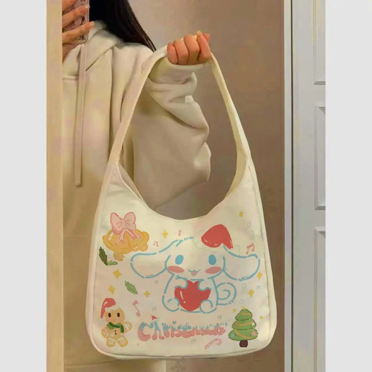 Сумка-хобо из холщовой ткани Kawaii Sanrio Cinnamoroll в рождественском стиле — милая мультяшная сумка через плечо с праздничными принтами (art.: 3920d8e84b31e) - 3920d8e84b31e