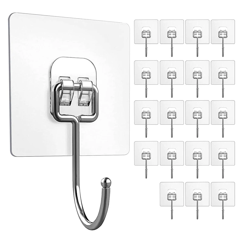 

Promotion! Adhesive Hooks, 20 Pack Transparent Reusable Hooks For Hanging Heavy Duty, Waterproof Self Adhesive Wall Hooks