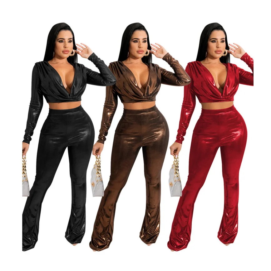 

Соблазнительный комплект из двух предметов с укороченным топом и расклешенными брюками, Женский позолоченный наряд, Осенний женский спорт...