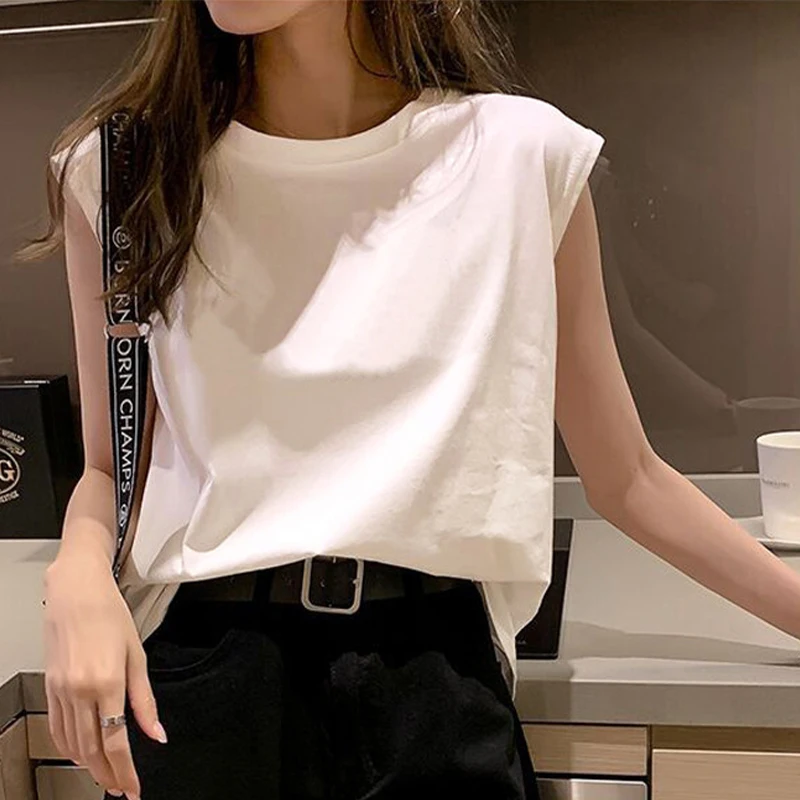 

Women Summer T-Shirts Solid Color Round-Neck Sleeveless Casual Tops Streetwear for Ladies, White/Black
