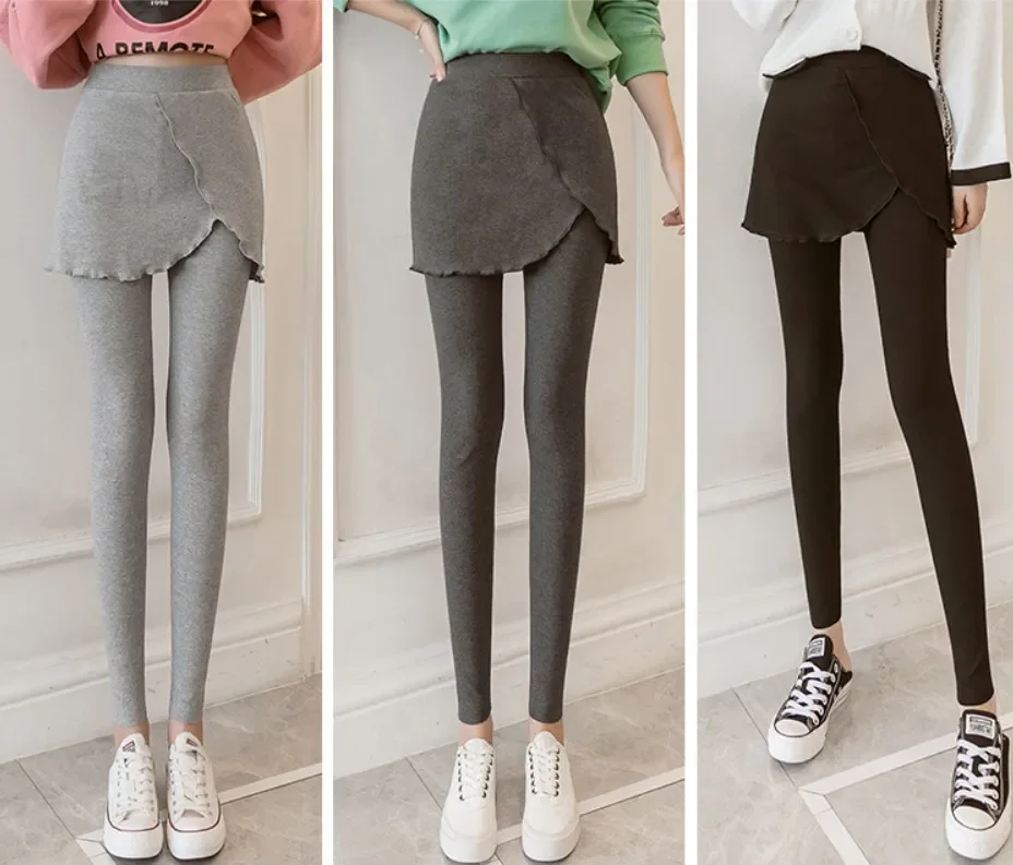 

2022 Spring Autumn Women Leggings Fake Two Ruffles High Waist Skirt Leggings Pants Cotton Fitness Leggings Female