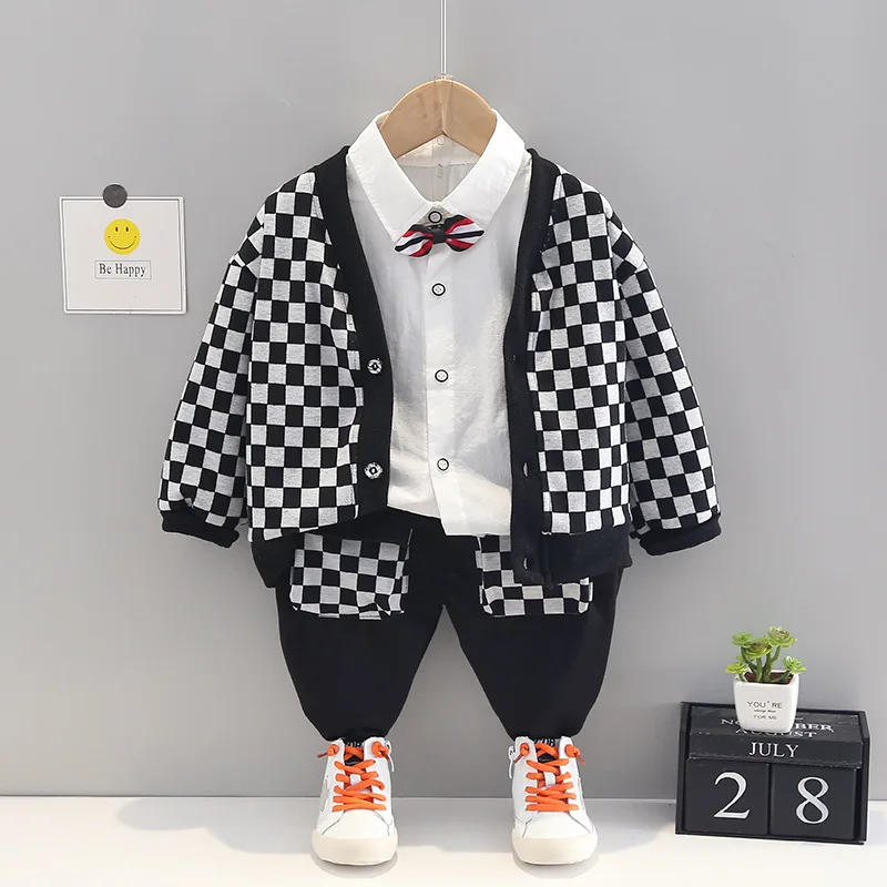 

Fashion New Spring Autumn Korean Baby Personality Kids Cardigan Plaid Jacket Shirt Pants 3pcs Boy Girl Casual Tracksuit Costume