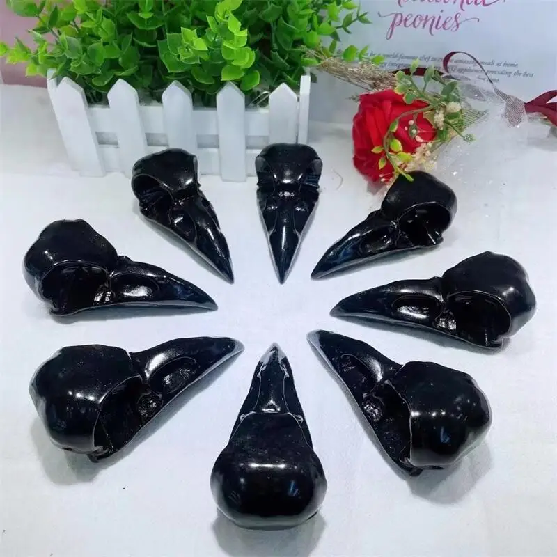 

Natural Black Obsidian Crystal Stone Crow Skulls Hand Carved Bird Animal Figurine Energy Crafts Home Decoration As Gift 1pcs