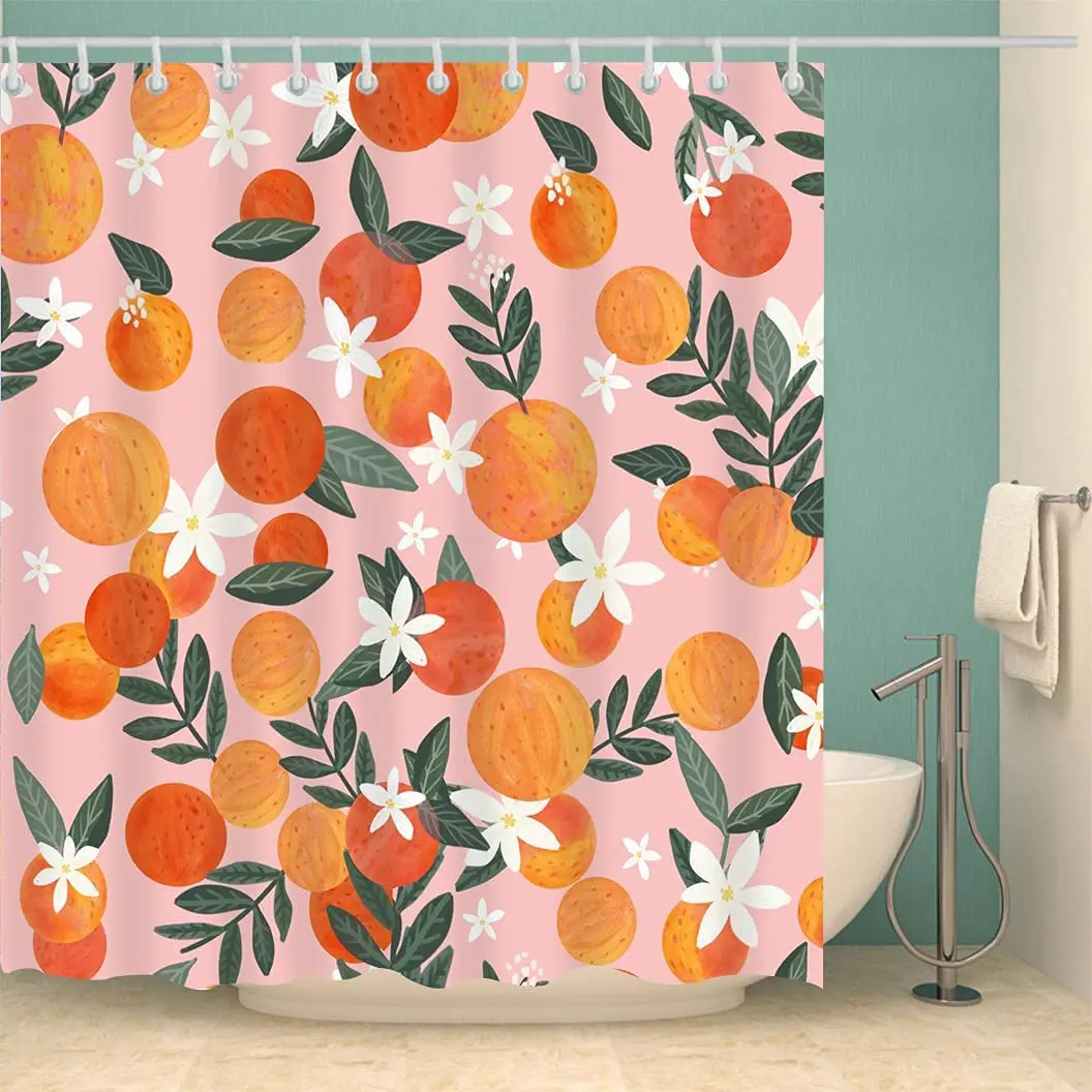 

Peach Bathroom Curtain Cute Pink Boho Tropical Fruit Orange Apricot Flower Leaves Colorful Beautiful Floral Shower Curtain Set