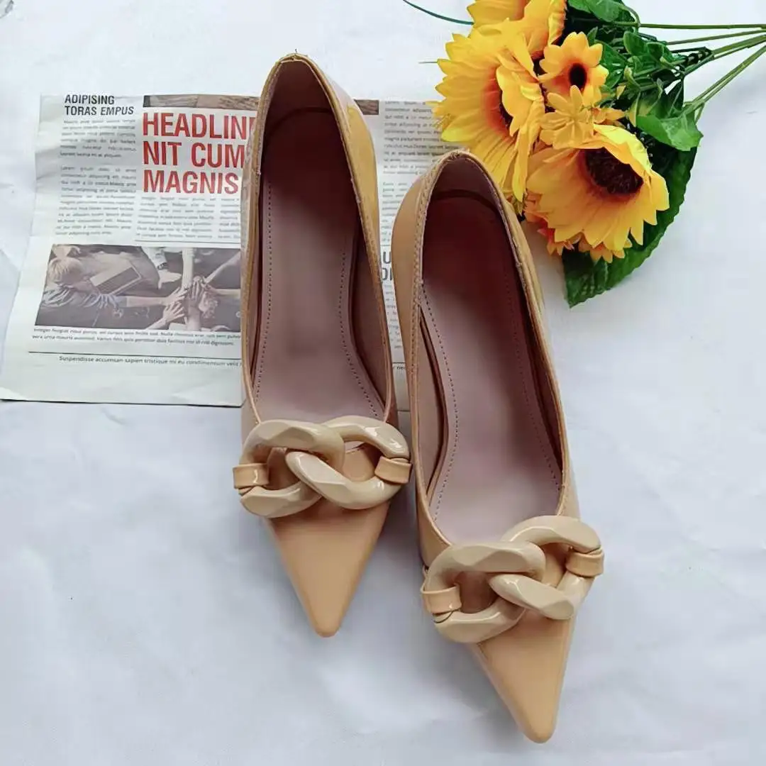 

Hot Sale Elegant High Heel Women Shoes Spring Pointed Toe Chain Four Seasons High Heels Fancy Large Size Single Shoes Wholesale
