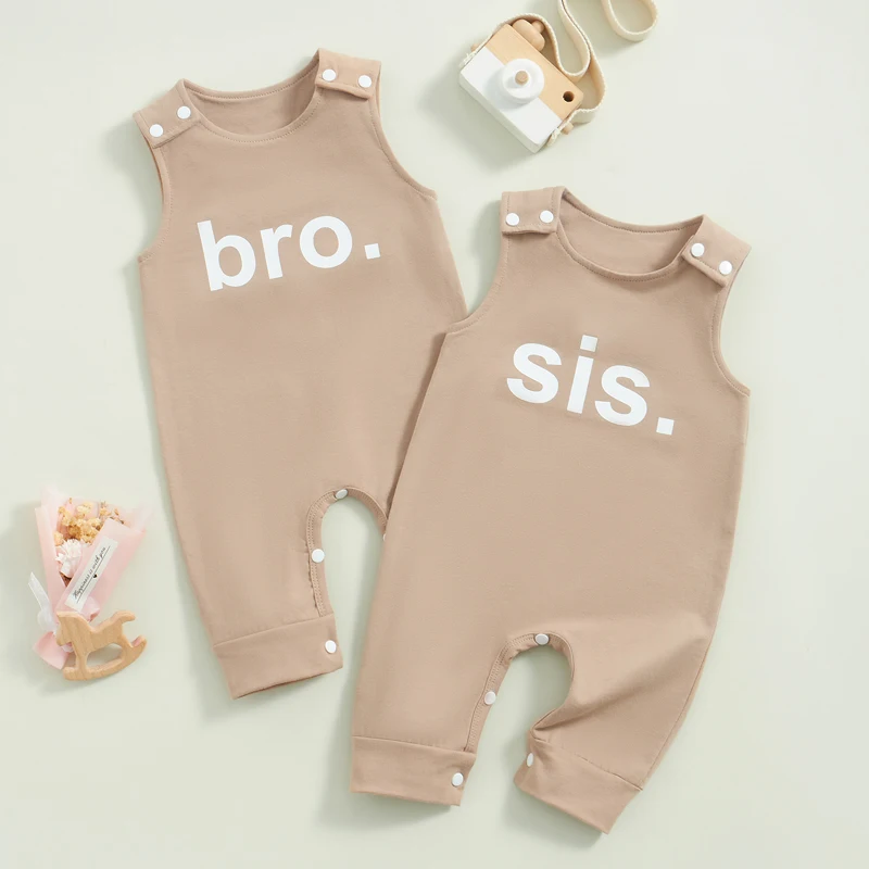 

Summer Baby Clothing Girl Boy Sis Bro Print Sleeveless Romper Jumpsuit Sister Brother Matching Outfit Clothes