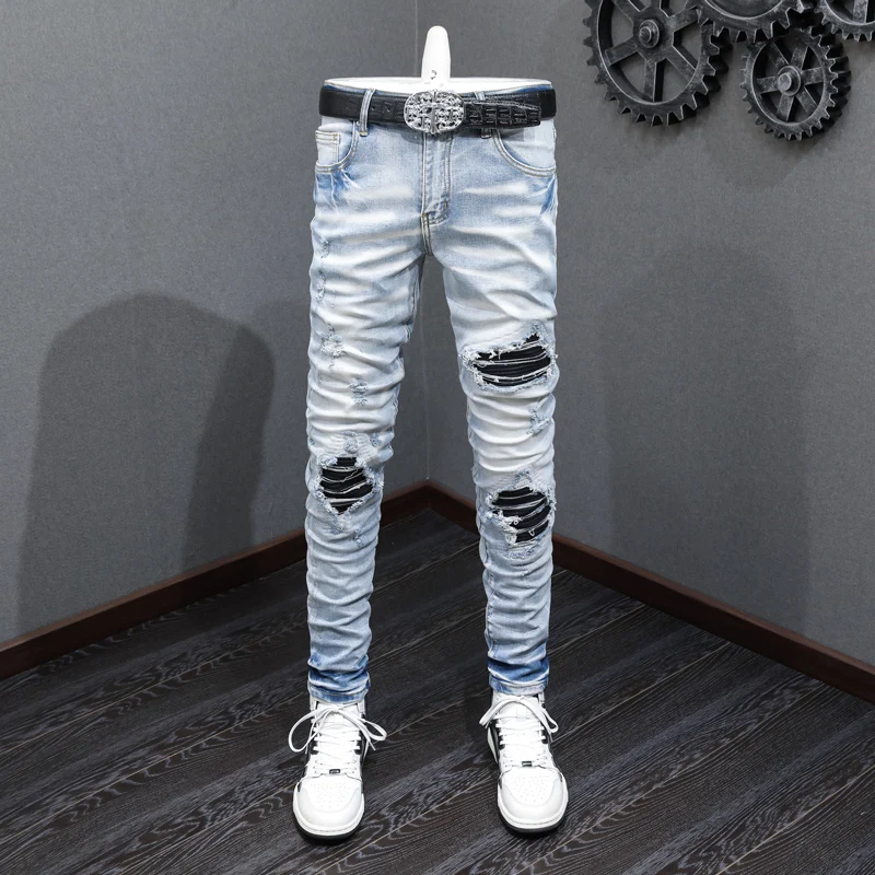 High Street Fashion Men Jeans Retro Light Blue Elastic Skinny Fit Ripped Jeans Men Leather Patched Designer Hip Hop Brand Pants