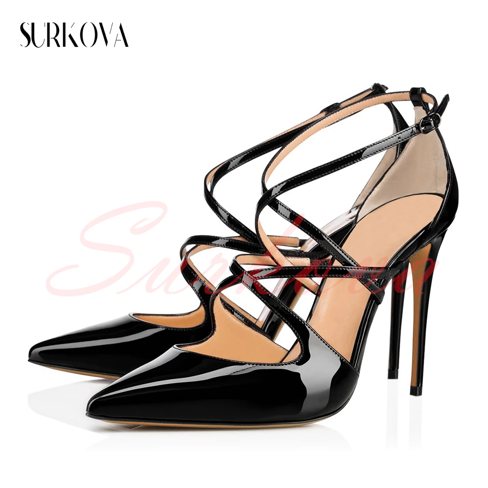 

Cross Narrow Band High Heels Pumps for Women Pure Color Patent Leather Pointed Toe Sexy Stiletto Ladies Banquet Prom Dress Shoes