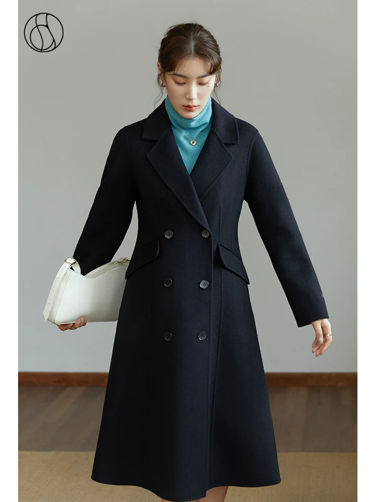 

DUSHU Women Winter Double-breasted Black Temperament Skirt Woolen Jacket Women Solid Commuter Retro Suit Collar Cashmere Coats