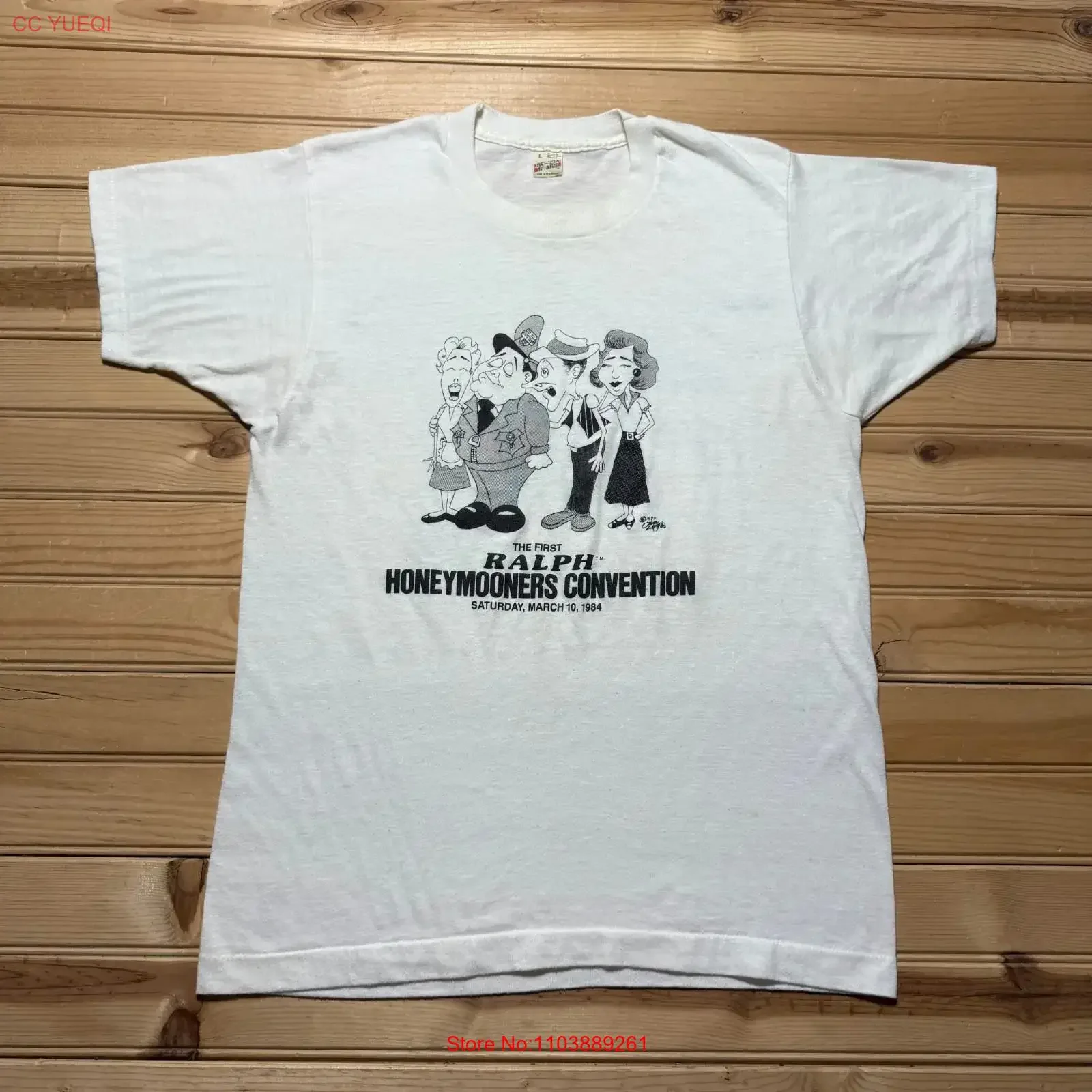 Фото Винтажная футболка 1984 года с изображением мультяшных персонажей из фильма «Первый медовый месяц Ральфа», США, размер L, дизайнерская одежда с эффектом потертости, графический принт, модная одежда №1