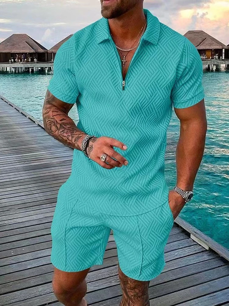 

2 Pcs Set Men's Printed POLO Shirt Set Lapel Short Sleeve Pullover Loose Type Zipper T-Shirts Men's Daily Clothes Polo Shirt Set