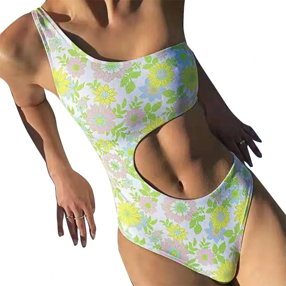

2022 Bathing Suit Backless High Cut Floral Print Swimwear One Shoulder Hollow One-piece Cut Out Women Bikini for Water Activity