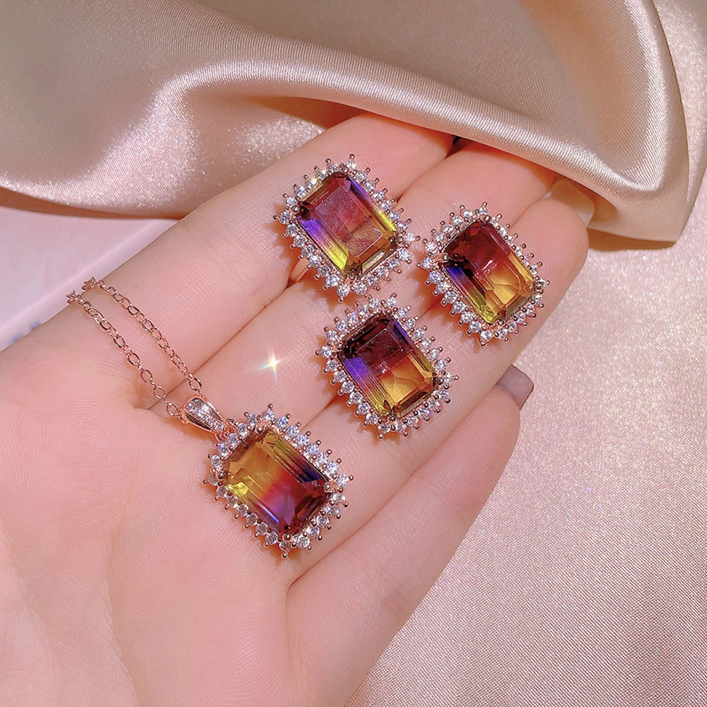 

WPB Оригинальный Женский комплект ювелирных изделий прямоугольник градиентный Набор Женская Роскошная бижутерия Яркий Циркон дизайн очаро...