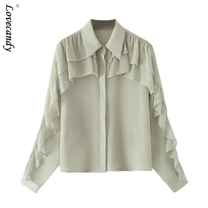 

Double Layer Drop Shirt Casual Blouse Women's Long Sleeve Ruffle Elegant Shirt 2023 Spring Female's Lapels Pleated Commuter Tops