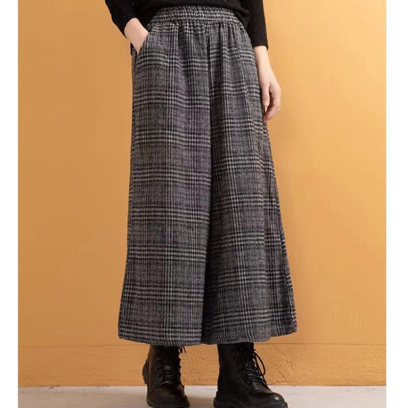 

Autumn Winter Artistic Woolen Lattice Loose Pants Women's Thickened Elastic Waist Plaid Thickened Woolen Casual Cropped Pants