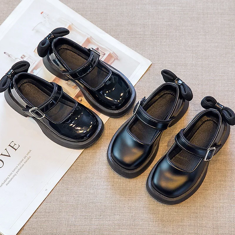 

Children Black Mary Janes Platform Back Bowtie Elegant Girl's Autumn Shoes Matte Patent Leather 26-36 Fashion Kids Princess Shoe