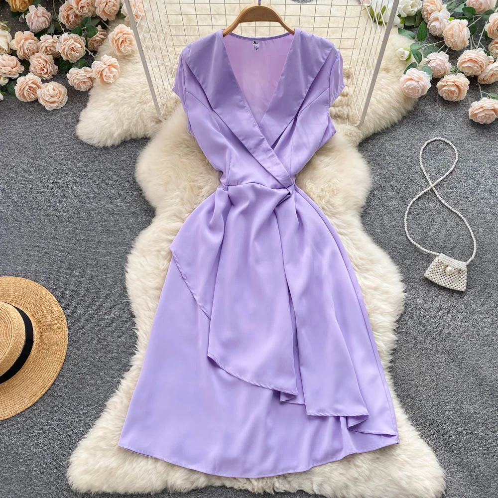 

2022 Summer New Lady Sleeveless Midi Work Dress Slim V-neck Waist Belt Close Formal Dress Elegant Women's Office Dress Ruffles