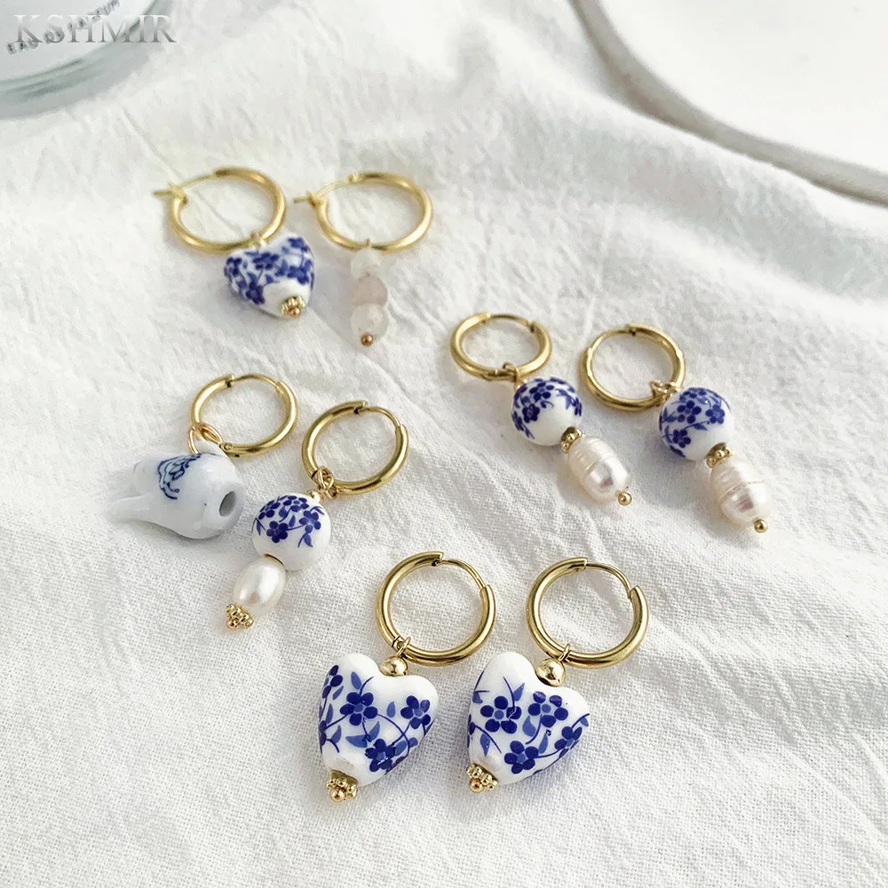 

2022 new vintage blue and white porcelain enamel dripping oil heart ceramic women's earrings stainless steel circle