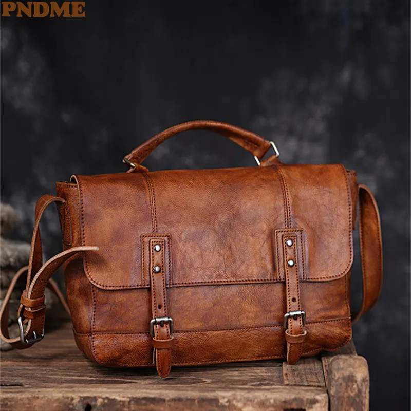 Vintage high-quality natural genuine leather men's briefcases business work real cowhide handbag travel laptop messenger bag
