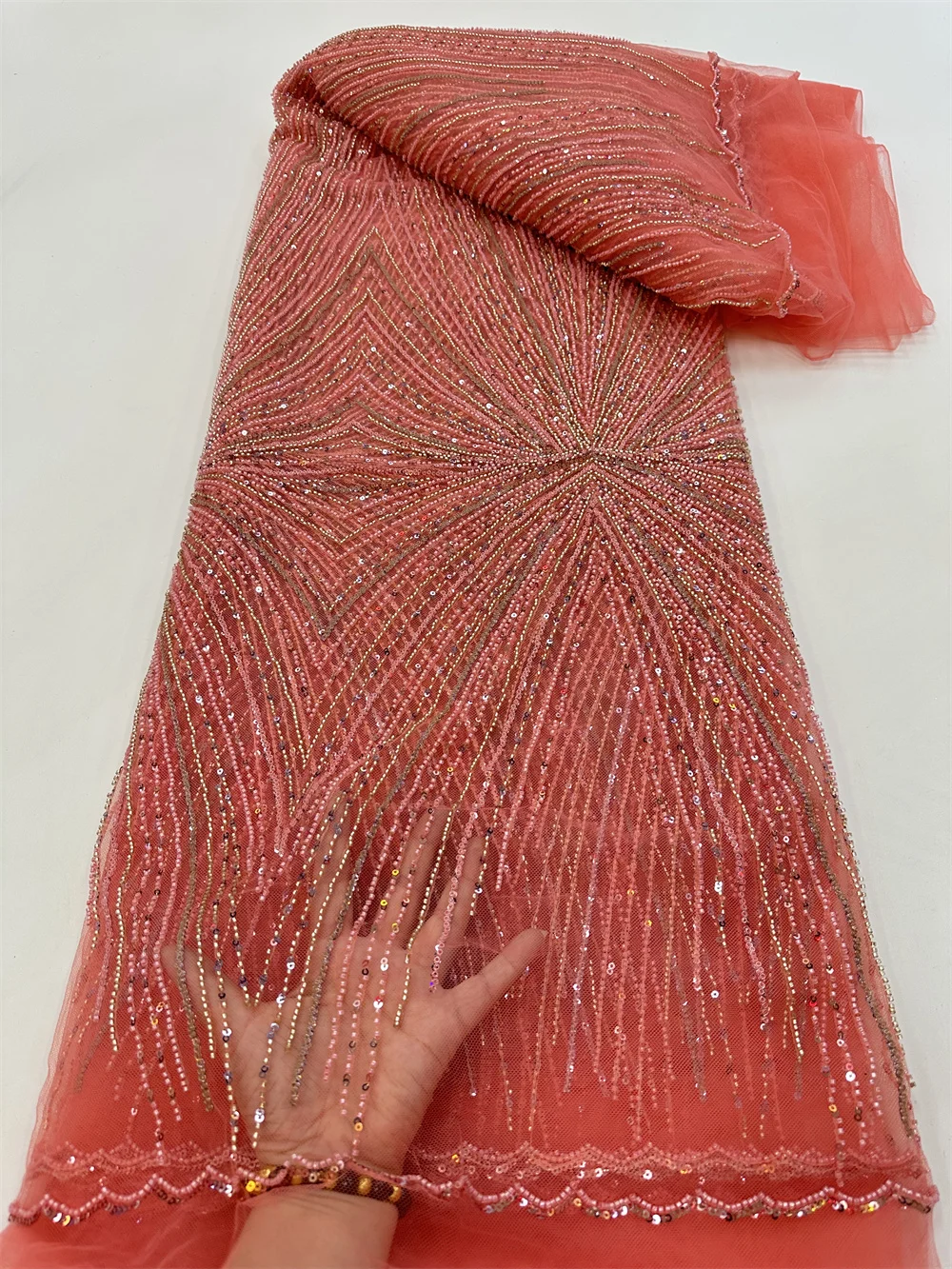 

African Sequins Tulle Lace Fabric 5 Yards 2023 High Quality Embroidered French Net Lace Nigerian Elegant Beaded Lace For Party