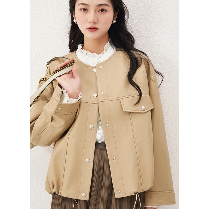 High-quality Sheepskin  Genuine Leather Jacket  Covered Button  Leather Jacket Woman  All Season O-Neck  Casaco Feminino Inverno enlarge