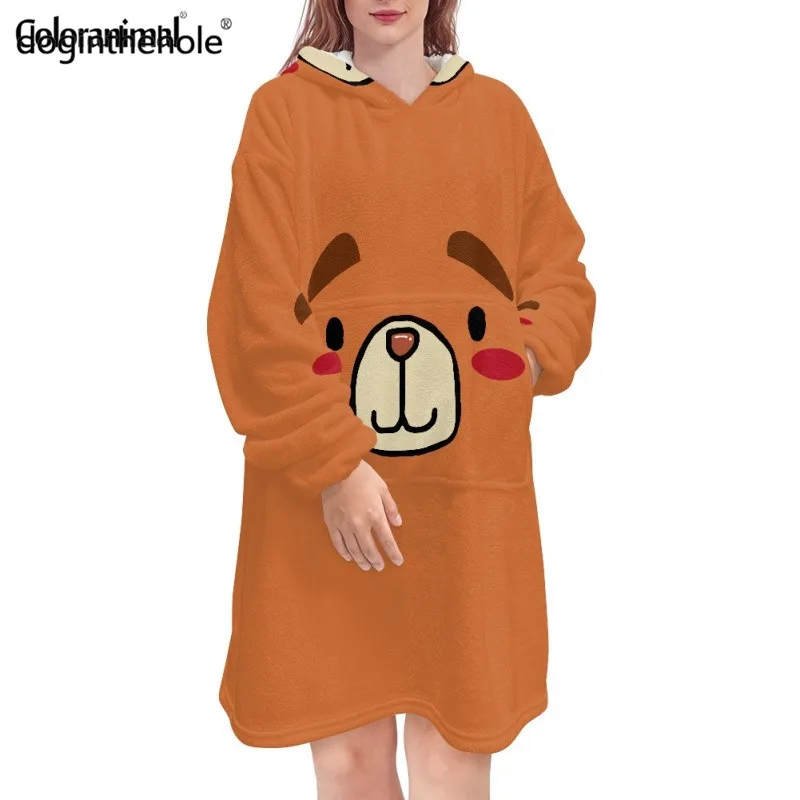 

Doginthehole Cute Bear Cartoon Pattern Lady Hooded Sleepwear Women Casual Hooded Pajamas Female Oversized Nightdress Onesies