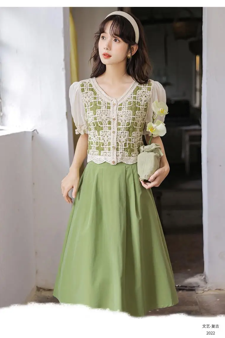 

Sweet Top Bubble Sleeve Shirt Women's Summer New Half Skirt Two Piece Set Fairy Skirt Super Fairy Sen Series