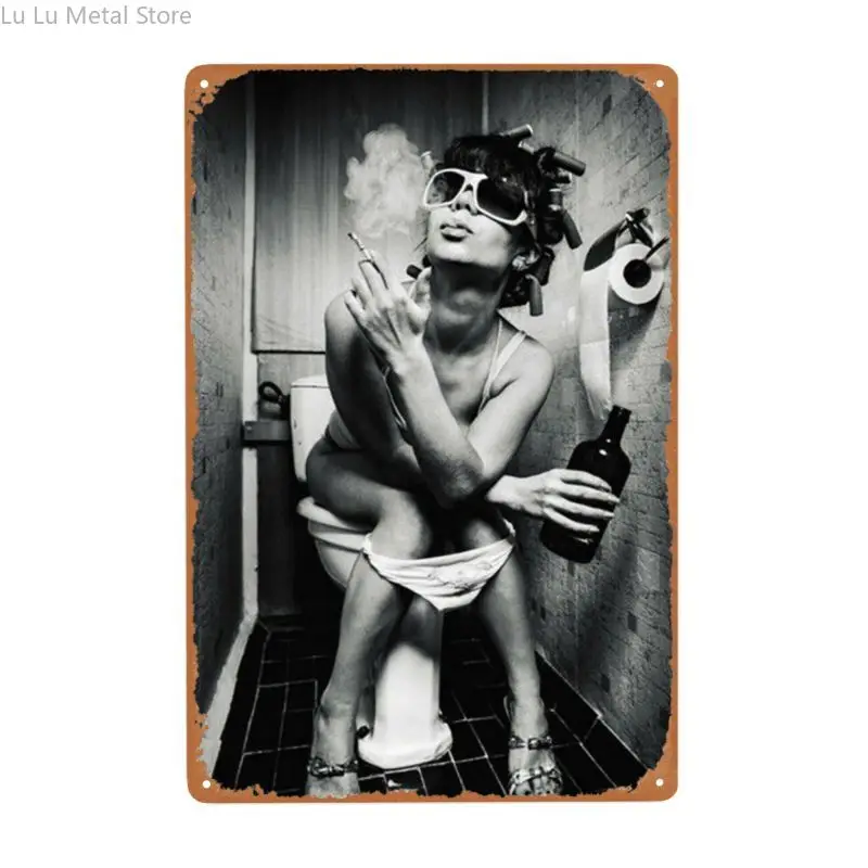 

New Vintage Metal Tin Sign Funny Cool Woman Smoking & Drinking On A Toilet Garage Street Home Bar Hotel Kitchen Wall Art