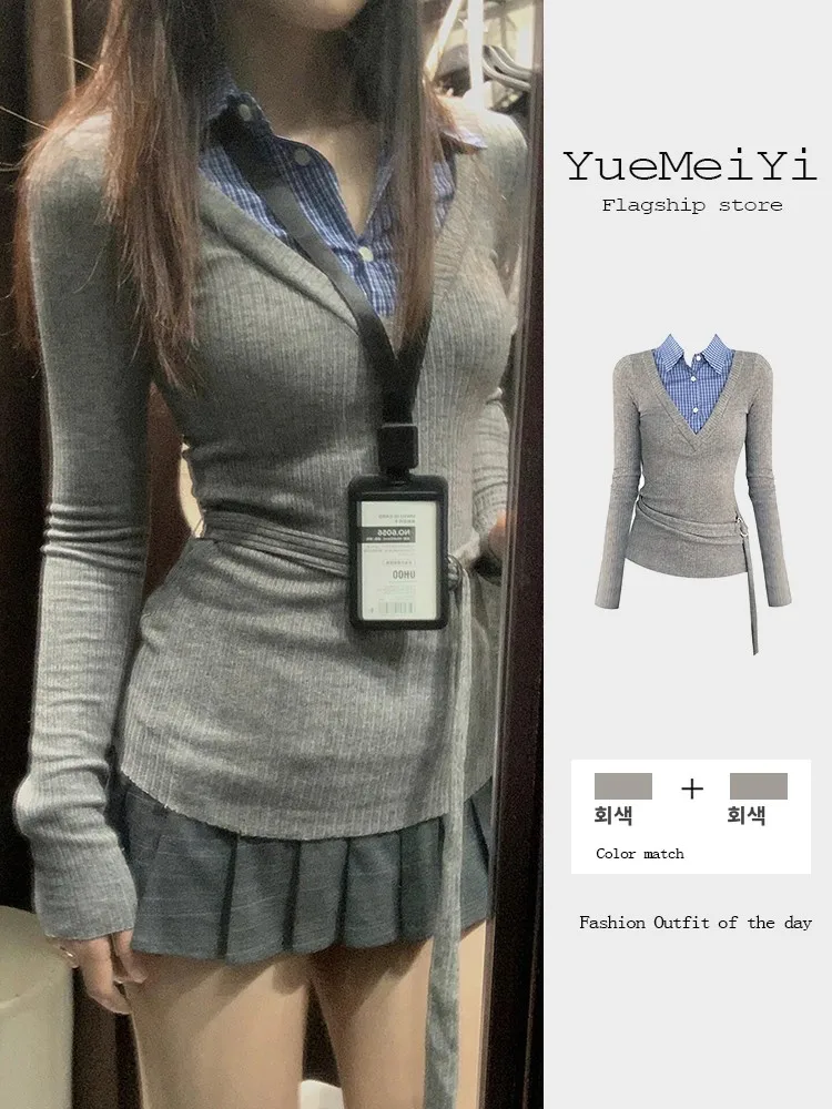 Американский трикотаж в клетку стиле преппи с длинными рукавами женский