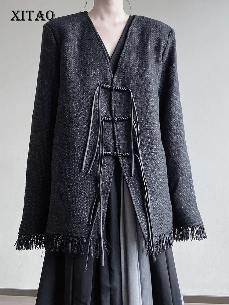

XITAO V-neck Tassel Blazer Full Sleeve New Chinese Vintage Style Single Breasted 2023 Autumn Women New Blazer Coat DMJ2702