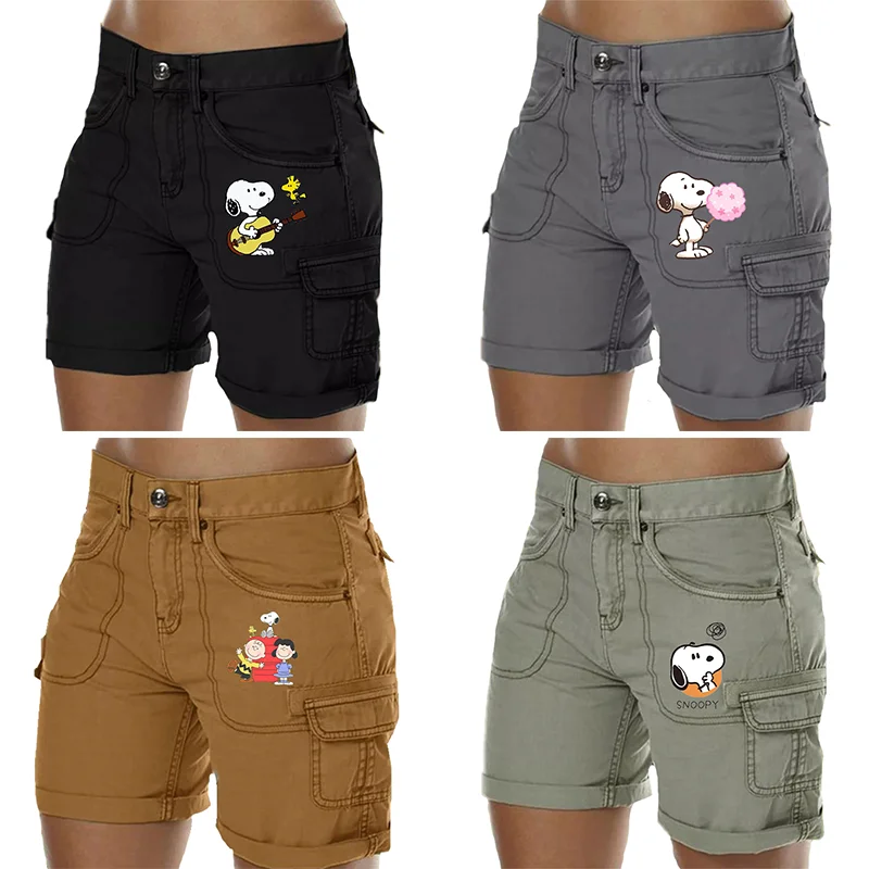 

Новый комбинезон Snoopy с аниме мультяшным принтом для женщин и мальчиков и девочек с высокой талией модные повседневные летние тонкие свободные шорты А-силуэта с широкими штанинами