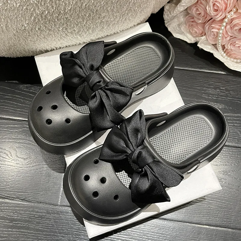 2023 New Women Sandals Slippers Thick Sole Hole Shoes Wearing Elevated Anti Slip Baotou Summer Bow Outdoor Beach Women Slippers