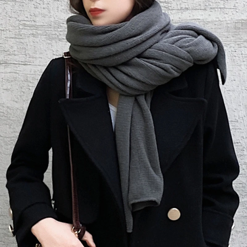 

Плотный теплый шарф для женщин, Однотонный женский черный шарф из искусственного кашемира, женский зимний шарф для увеличения