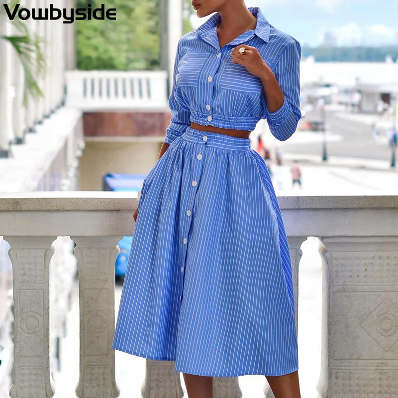 

Dress Sets Women's Striped Single Breasted Casual Fashion Three Quarter Sleeve Lapel Shirt A-line Skirt