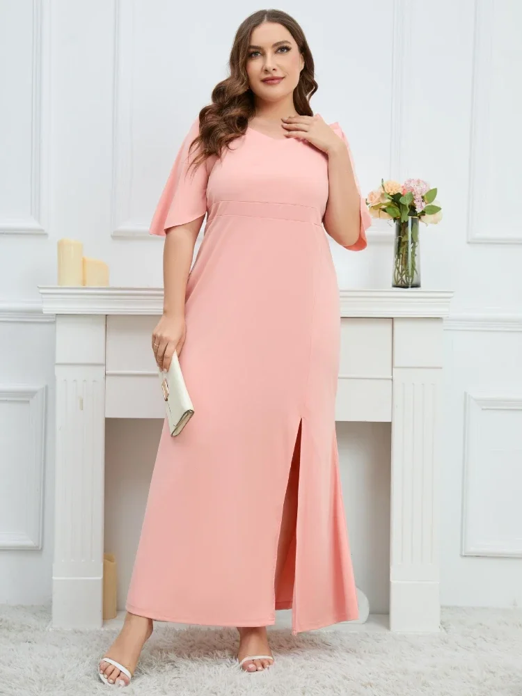 Элегантные розовые платья для женщин с круглым вырезом рукавом-бабочкой