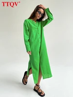 ttqv casual green linen dress ladies fashion v neck long sleeve slit midi dress elegant single breasted dresses for women