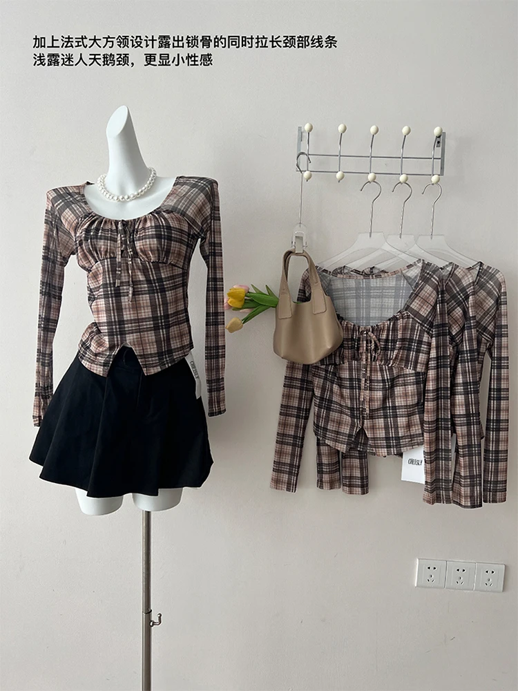 

Women American Retro Plaid Chiffon Blouses Square Collar Summer Streetwear Office Lady Shirring Lace Up Casual Shirts Elegant