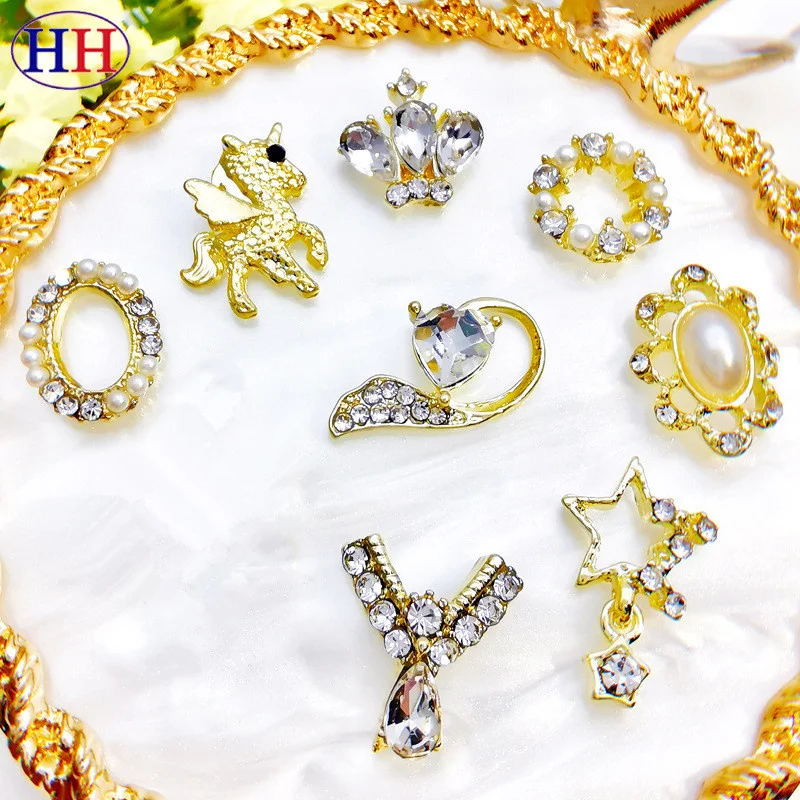 

10pcs Gold Silver Alloy Nail Art Decorations Pearl Pendant Nails Accessories Charms Love Star Fox Pony Wing Jewelry For Manicure