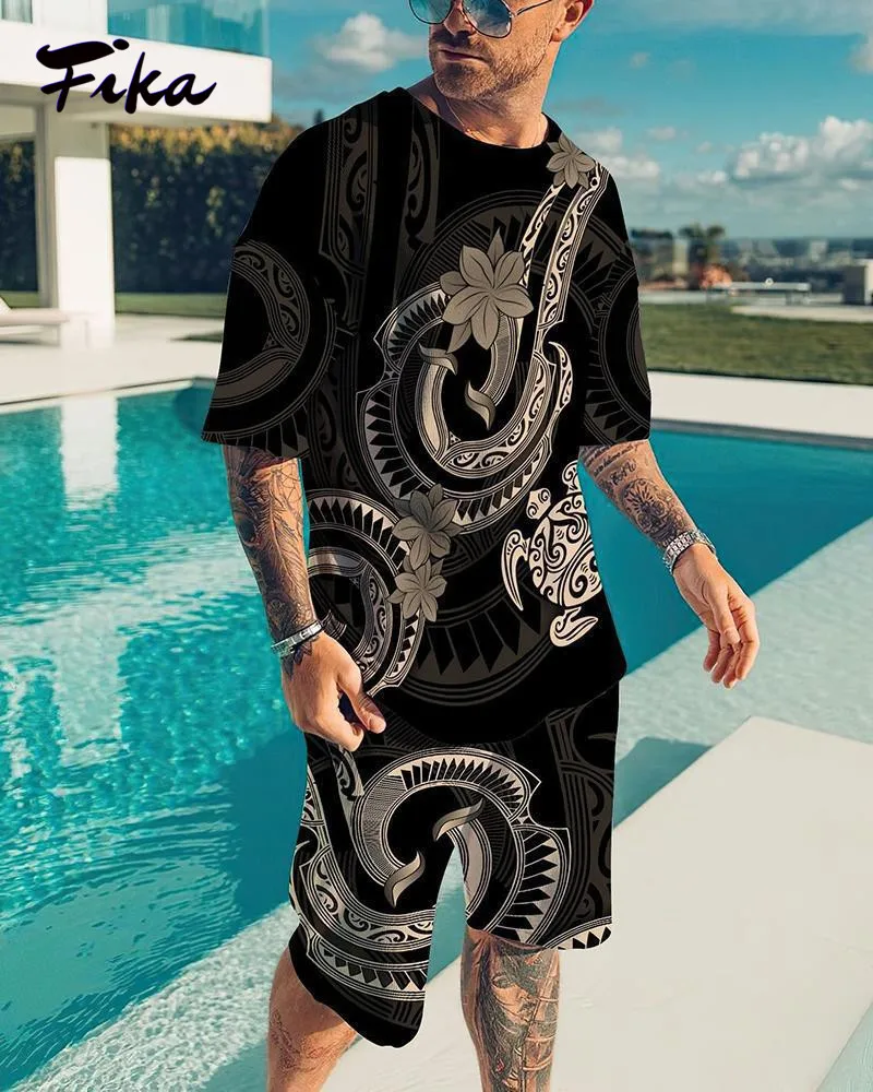 

3D Printing Pullover Short Sleeve Tops and Elastic Waist Shorts 2 Piece Set Casual Streetwear Mens Sweatsuits Set Summer 2022