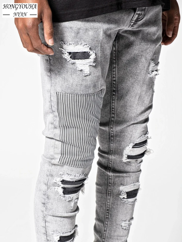 Streetwear Man Slim Patchwork Beggar Patch Ripped Jeans Moto Biker Fashion Pencil Pants Male Denim Trousers Casual Jeans for Men