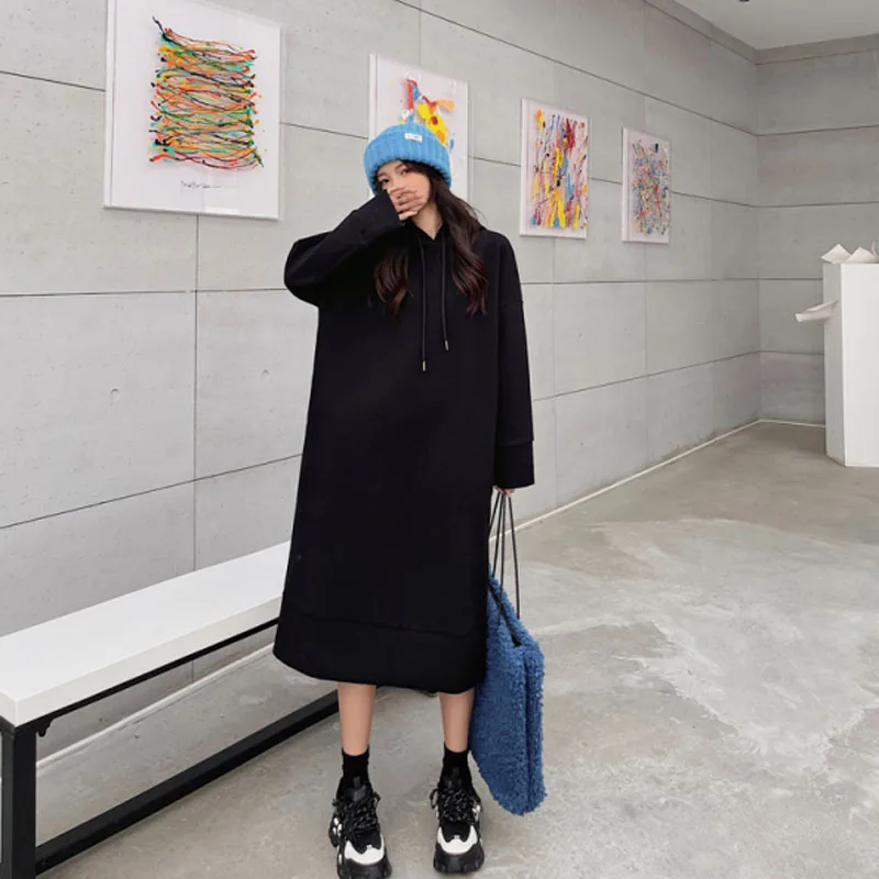 

Spring Autumn Korean Fashion Long Sleeve Sweatshirt Woman Dress Casual Loose Maxi Long Hooded Hoodies Dresses For Women 2023